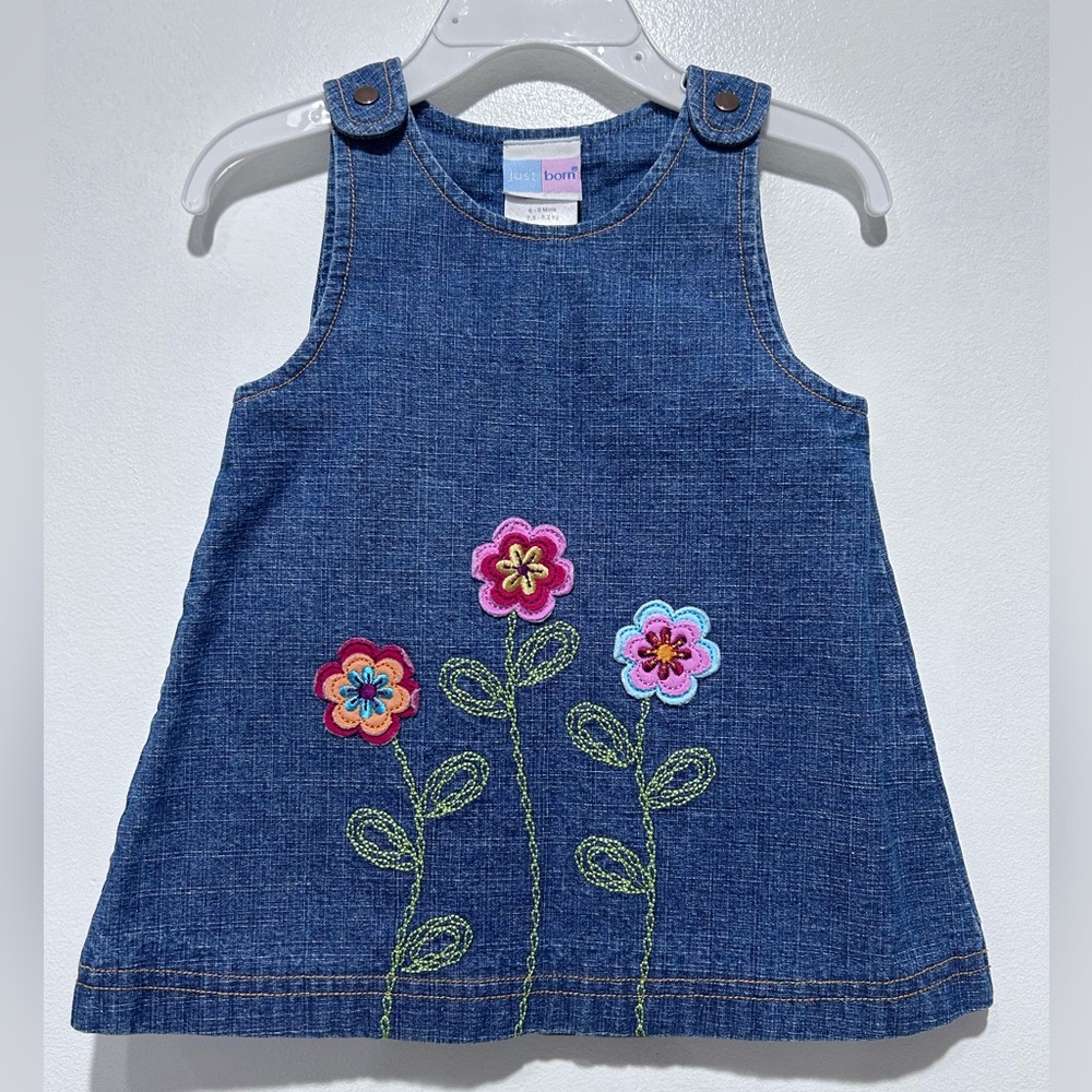 Just Born Baby Girl Denim Embroidered Flower Overall Dress 100% Cotton Size 6-9M